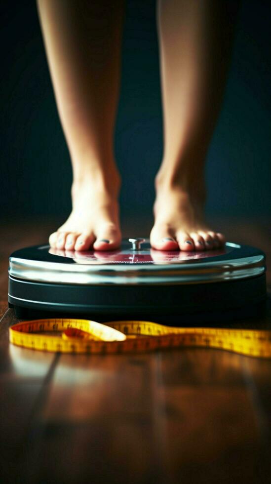 saúde focado cena mulher pés em escalas, fita a medida primeiro plano peso perda conceito vertical Móvel papel de parede ai gerado foto