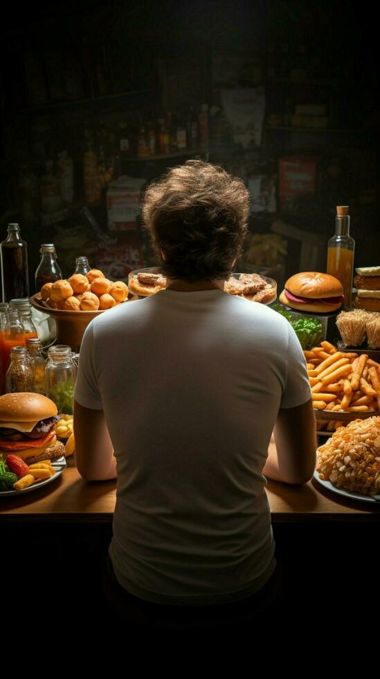 pobre dietético hábitos traseiro Visão do homem comendo pouco saudável comida, promovendo consciência vertical Móvel papel de parede ai gerado foto