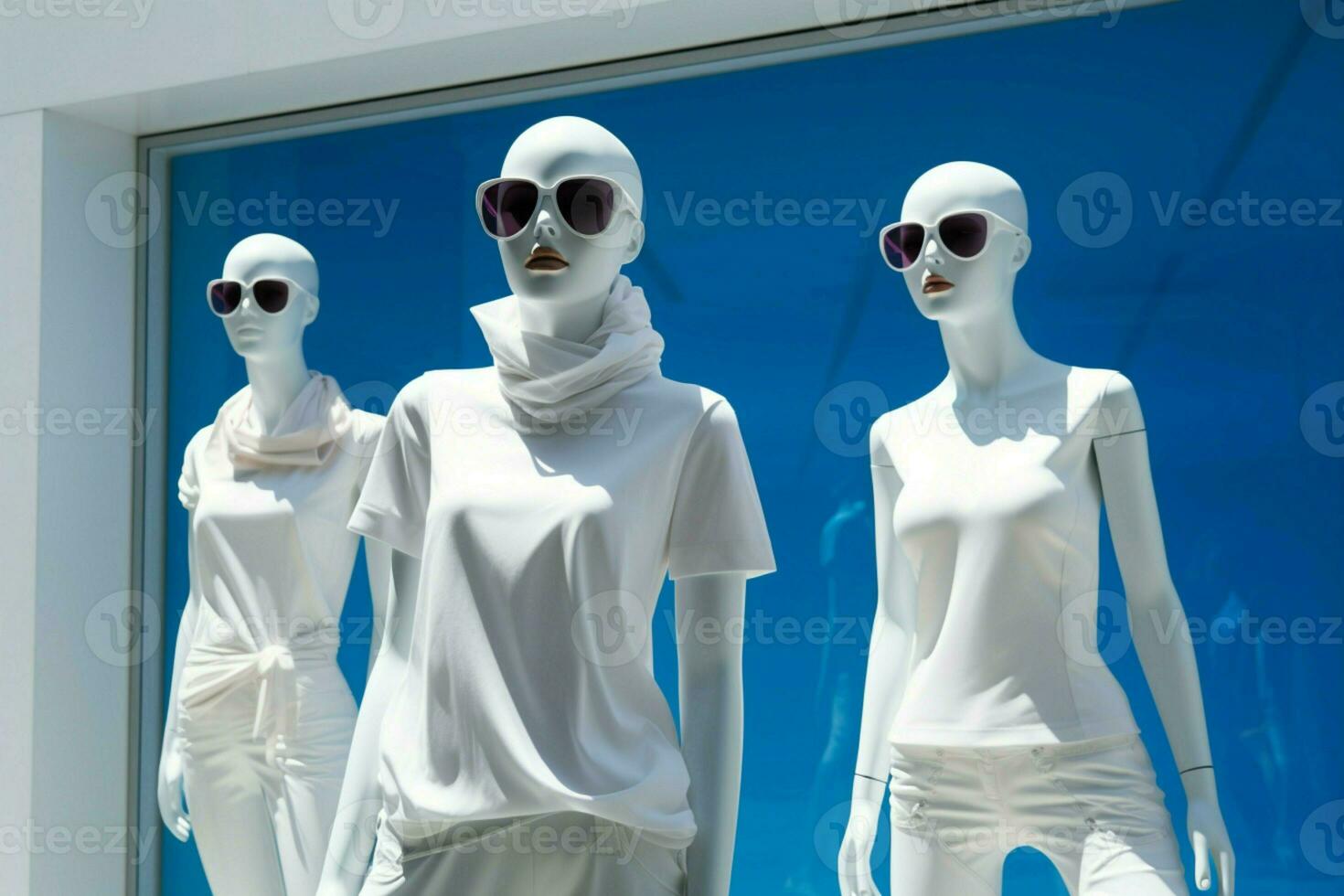 à moda manequins flanco uma imaculado branco Painel publicitário, formando uma impressionante justaposição ai gerado foto