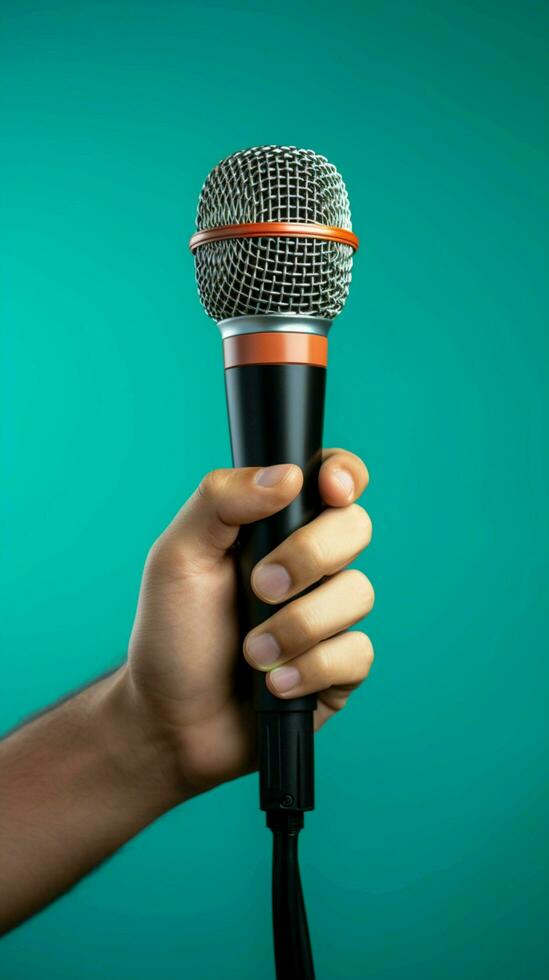 uma masculino mão com confiança detém uma microfone contra uma vibrante azul fundo. vertical Móvel papel de parede ai gerado foto