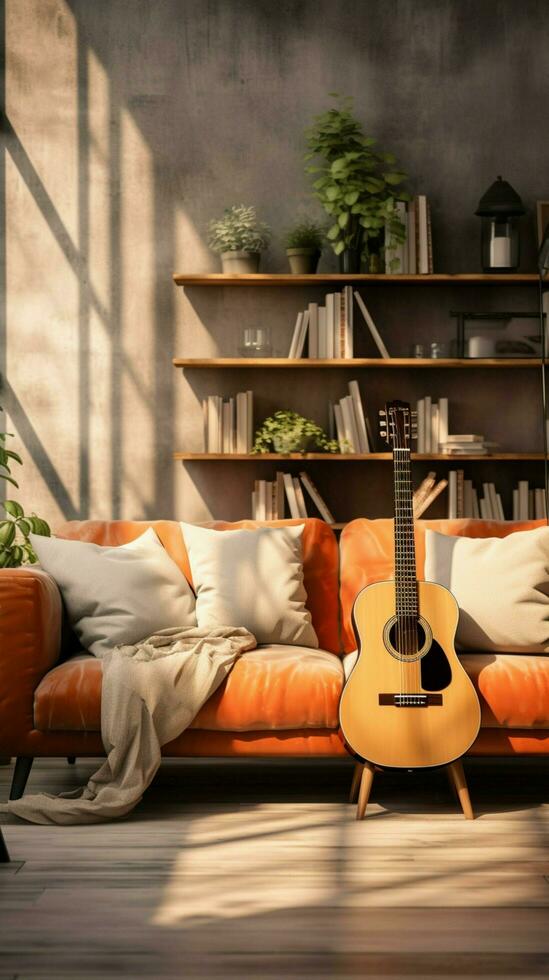 uma moderno vivo sala, acolhedor e convidativo, apresentando uma guitarra Como decoração. vertical Móvel papel de parede ai gerado foto