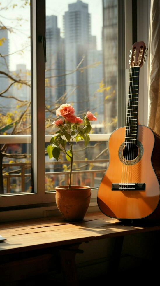 em meio a a da cidade labuta, uma clássico guitarra encontra consolo dentro a urbano apartamento. vertical Móvel papel de parede ai gerado foto