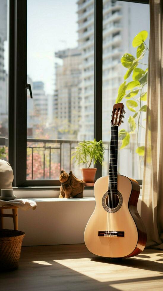 uma clássico guitarra graças uma moderno cidade apartamento, ponte eras com elegância. vertical Móvel papel de parede ai gerado foto