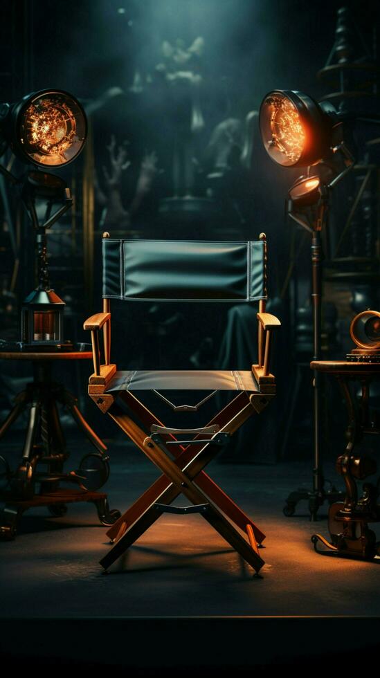 a do diretor cadeira âncoras a estúdio, uma assento do cinematográfico autoridade. vertical Móvel papel de parede ai gerado foto
