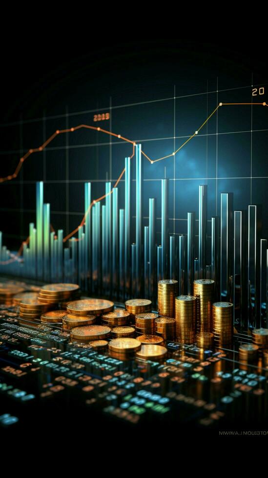 economias crescimento representado de uma 3d finança gráfico com azul dinheiro pano de fundo vertical Móvel papel de parede ai gerado foto