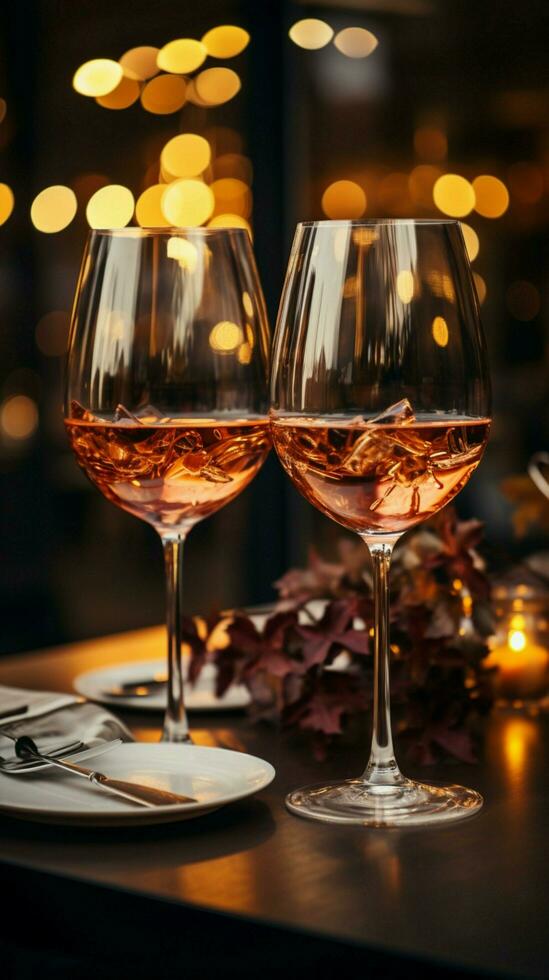 vinho óculos elegantemente conjunto em uma restaurante mesa, perfeito para uma romântico jantar vertical Móvel papel de parede ai gerado foto