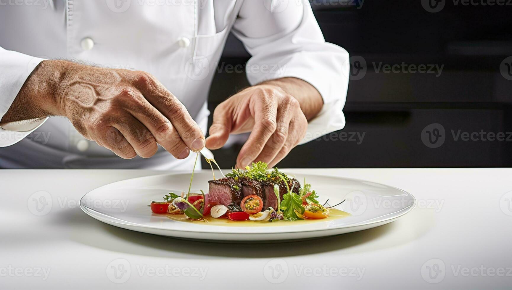 chefe de cozinha preparando uma prato do Cordeiro carne com legumes em uma branco placa. ai gerado. foto