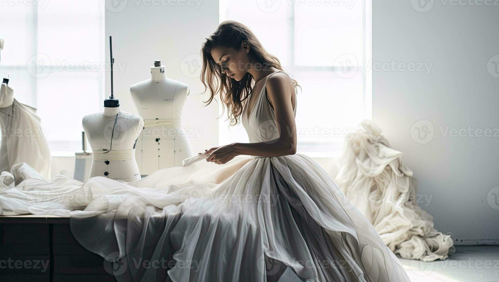 lindo jovem mulher moda desenhador trabalhando em Novo coleção do Casamento vestidos. ai gerado. foto