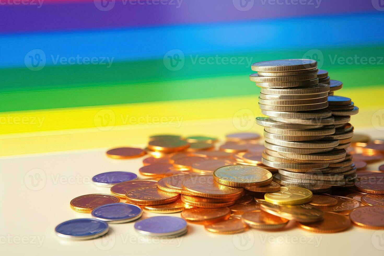 moedas empilhado em cada de outros dentro diferente posições, com arco Iris fundo. ai gerado. foto