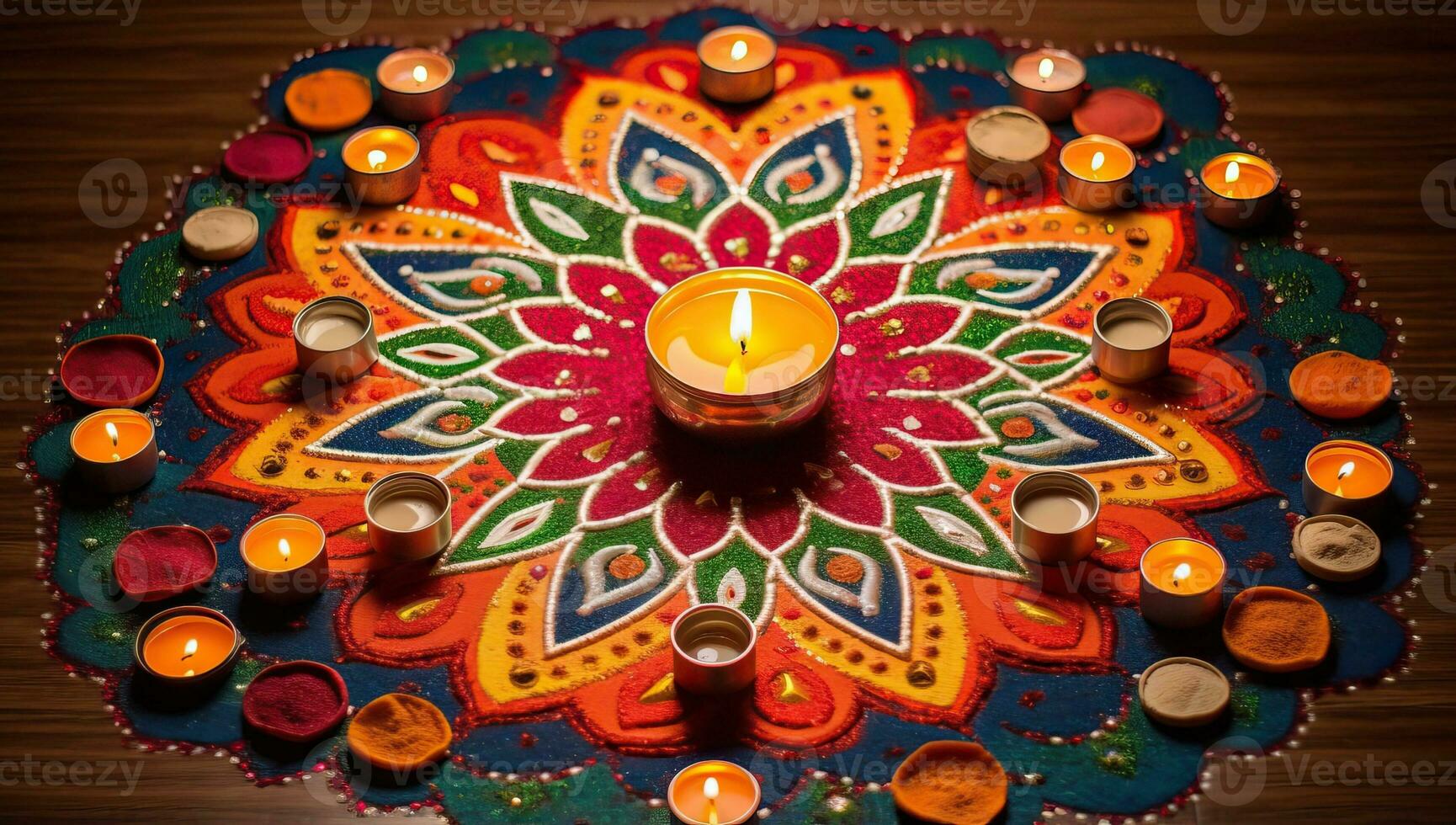 indiano festival Diwali, diwali óleo lâmpadas aceso em colorida rangoli. ai gerado. foto