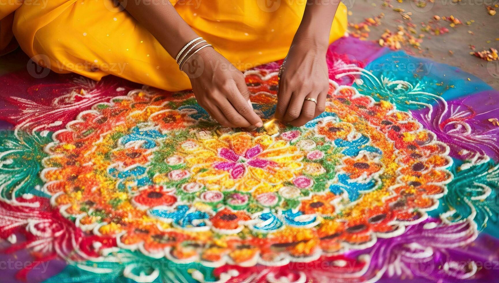 fechar acima do indiano mulher mãos com colorida paisley. ai gerado. foto