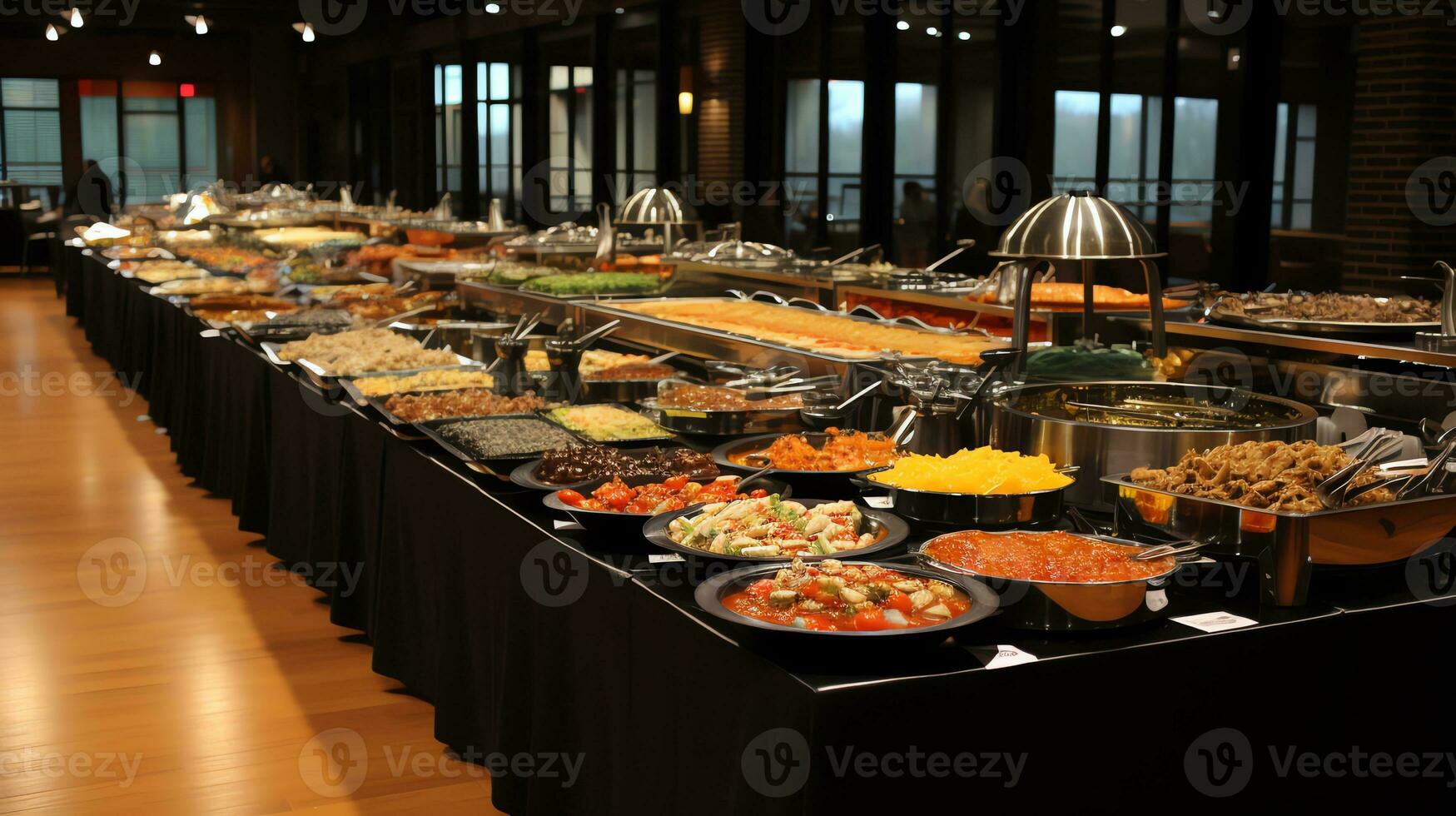 uma bufê linha com Comida dentro metal bandejas ai gerado foto