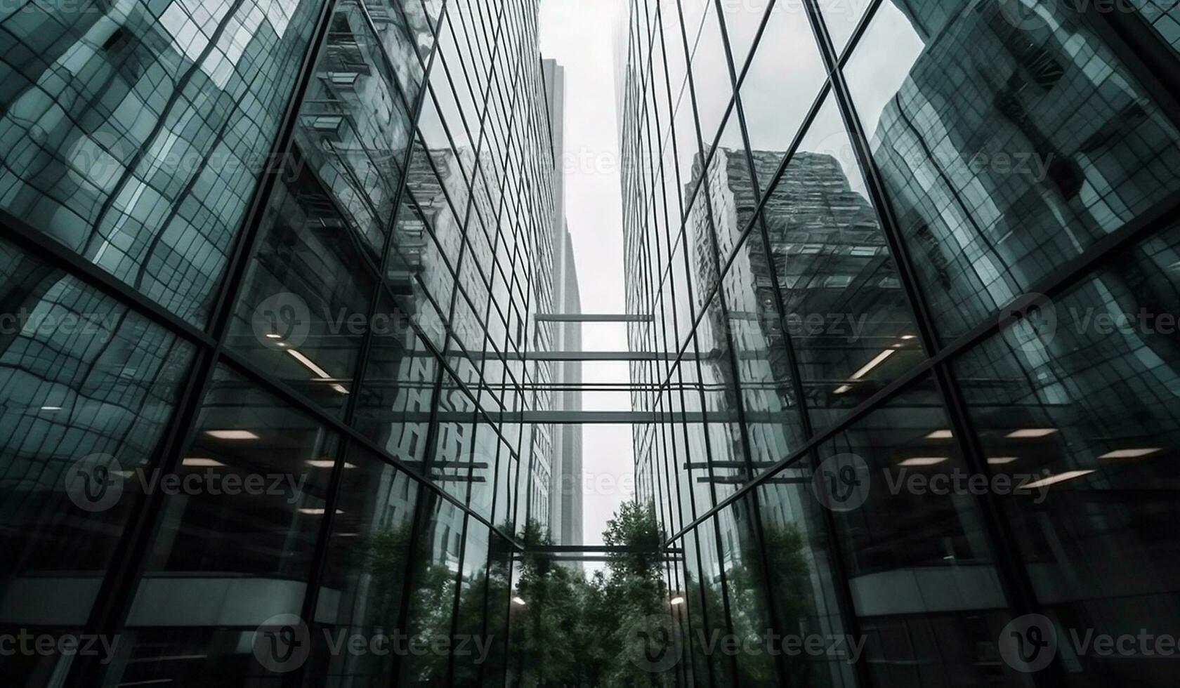 moderno vidro edifícios, visto a partir de uma inferior perspectiva, e a reflexões em a paredes foto