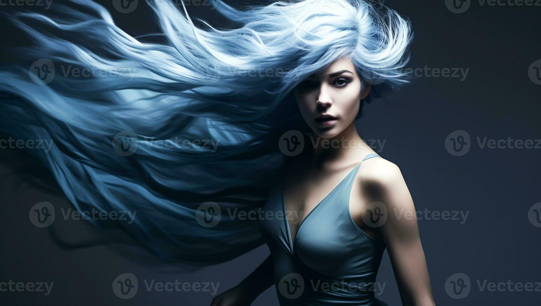 fictício fêmea figura, Sombrio cabelo e fluindo azul vestir. ai gerado foto