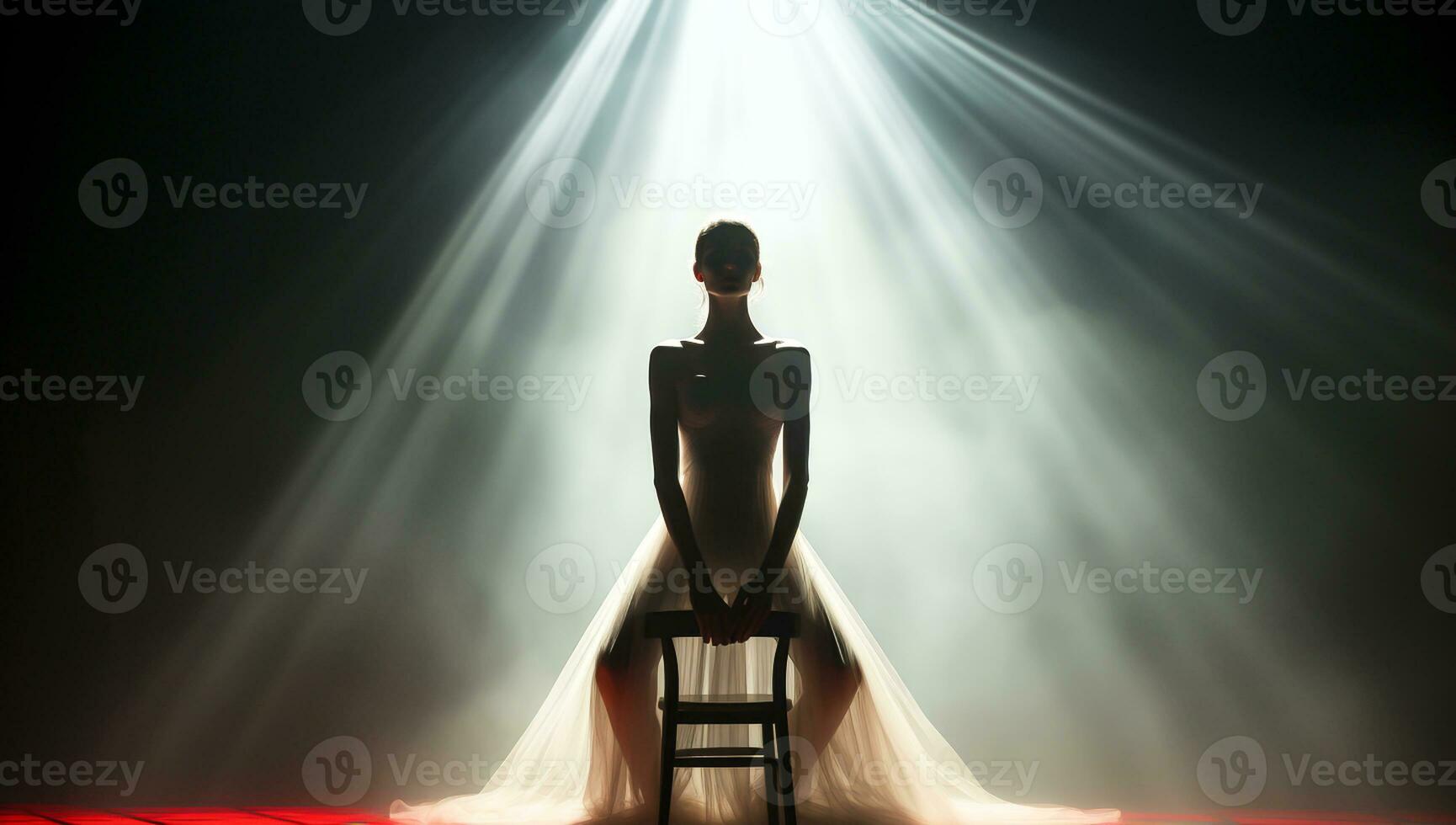 silhueta do uma bailarina posando em uma cadeira, contra luz, dentro uma místico ambiente. ai gerado foto