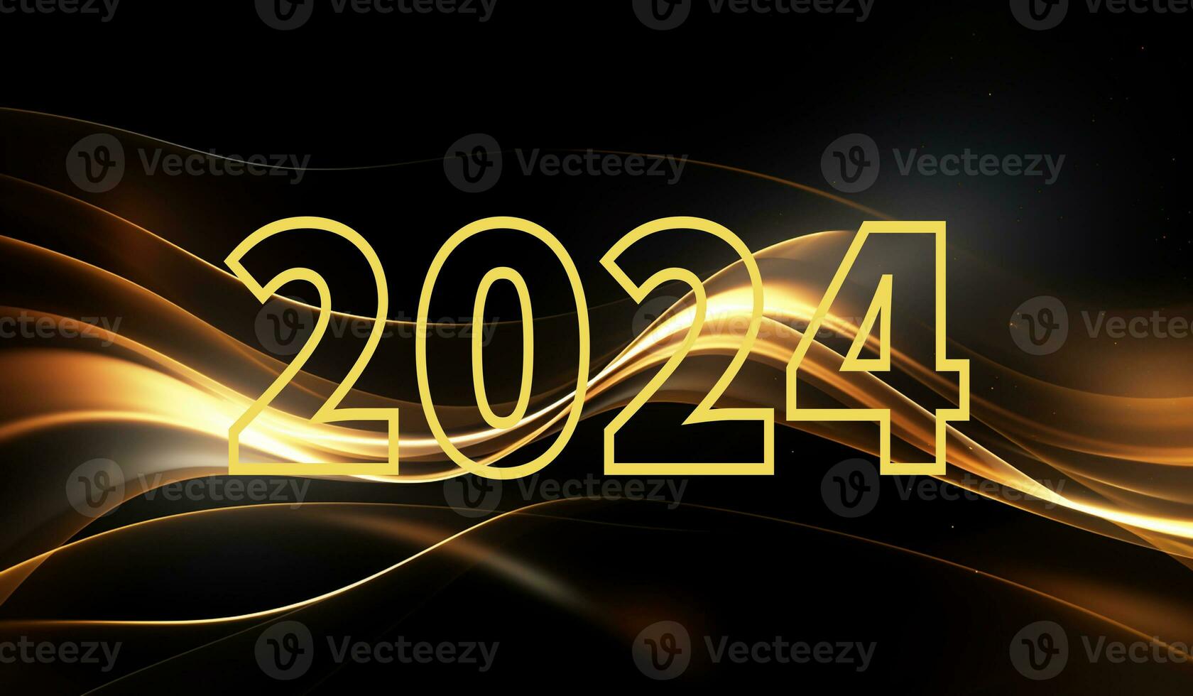 feliz Novo ano 2024 em abstrato dourado ondas fundo foto