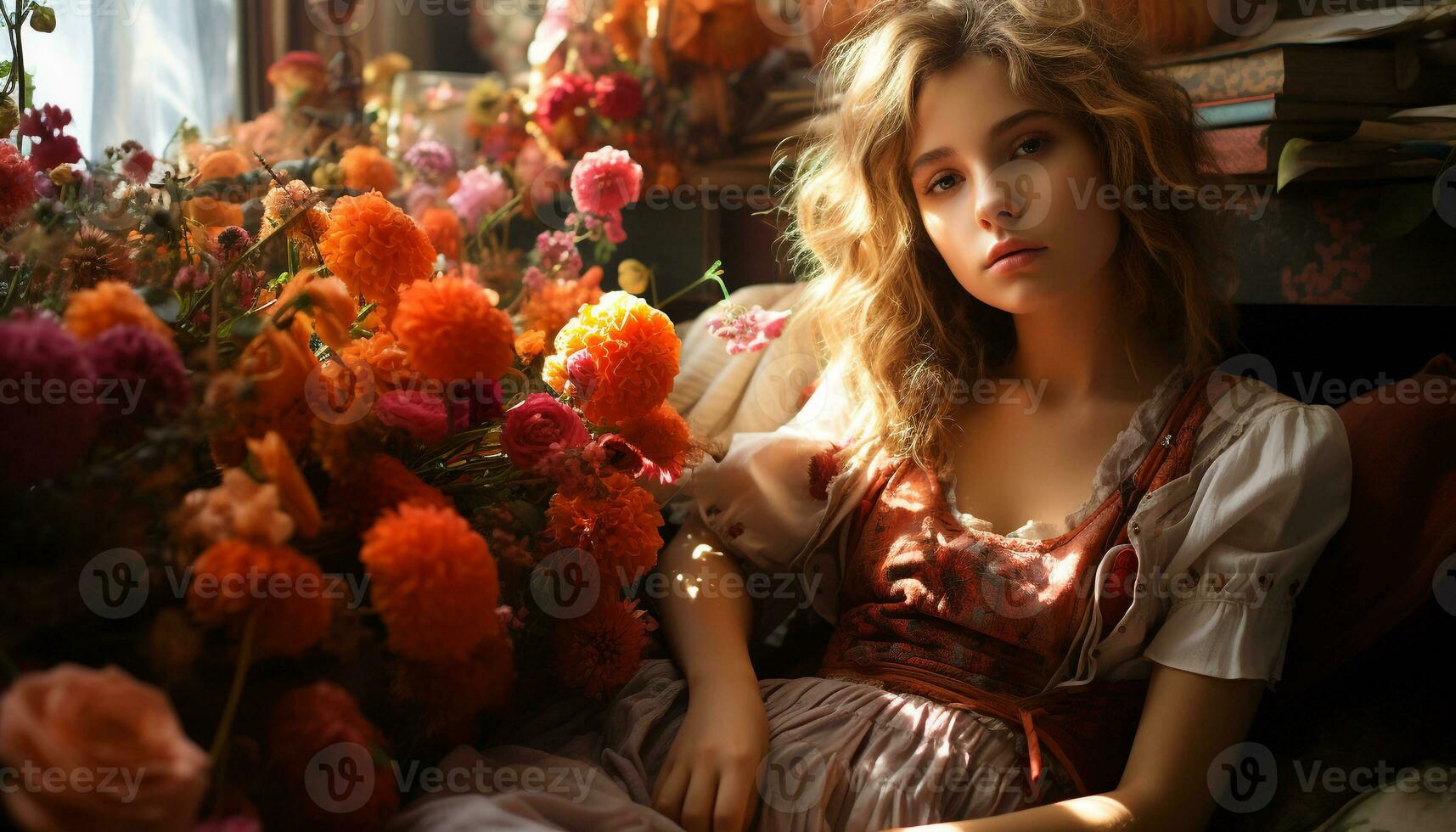 sorridente menina dentro uma vestir detém flor ramalhete, irradiando beleza gerado de ai foto