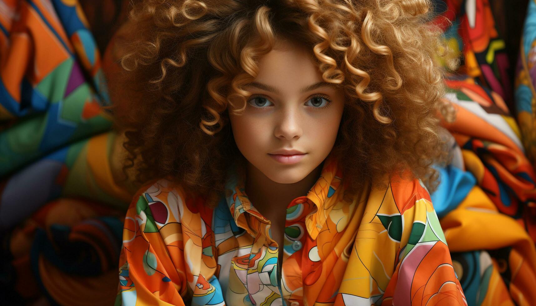 uma bonitinho, alegre menina com encaracolado cabelo sorridente e olhando às Câmera gerado de ai foto