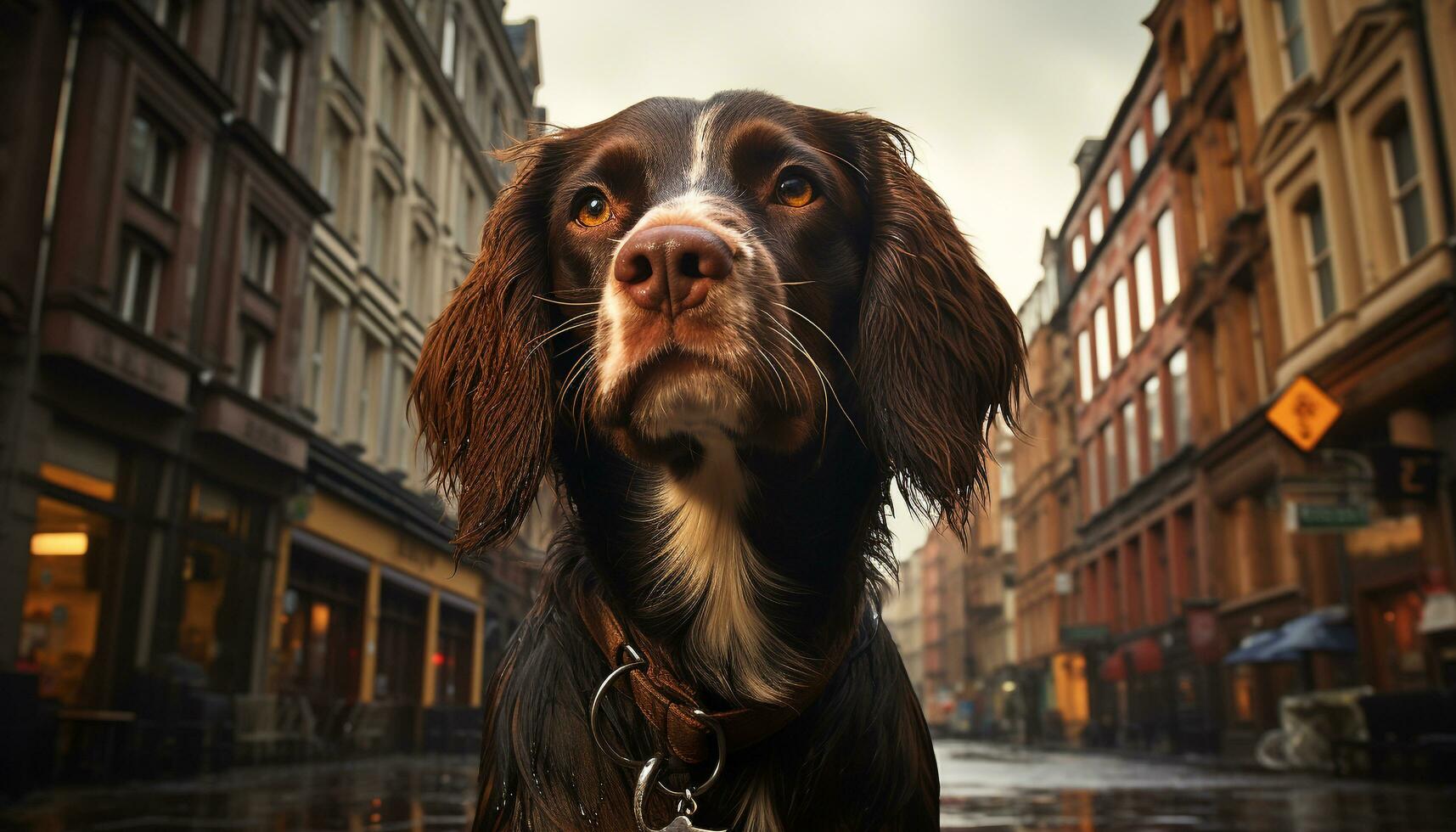 fofa cachorro sentado, olhando às Câmera, molhado pelagem, cidade vida gerado de ai foto