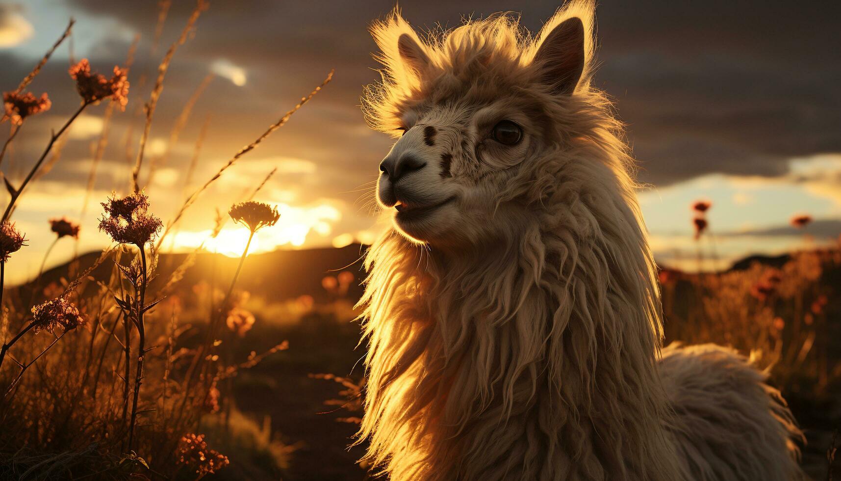 uma fofo alpaca roça dentro a Prado às pôr do sol gerado de ai foto