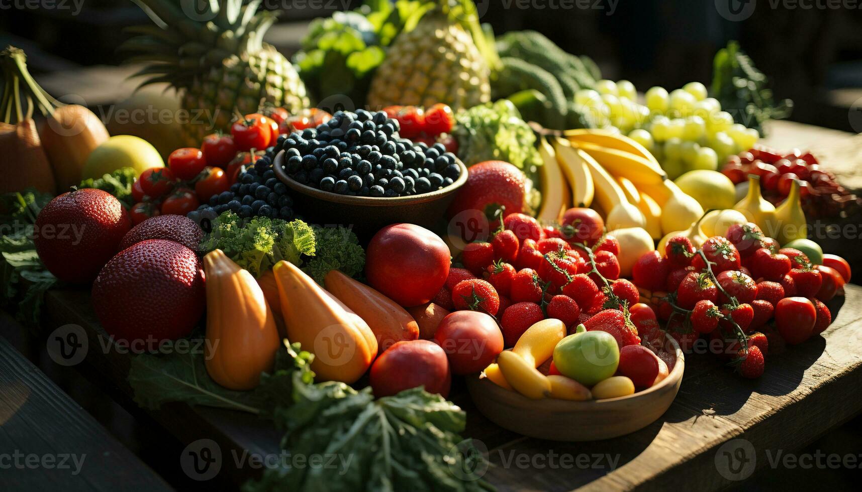 uma colorida cesta do fresco, orgânico frutas e legumes ao ar livre gerado de ai foto