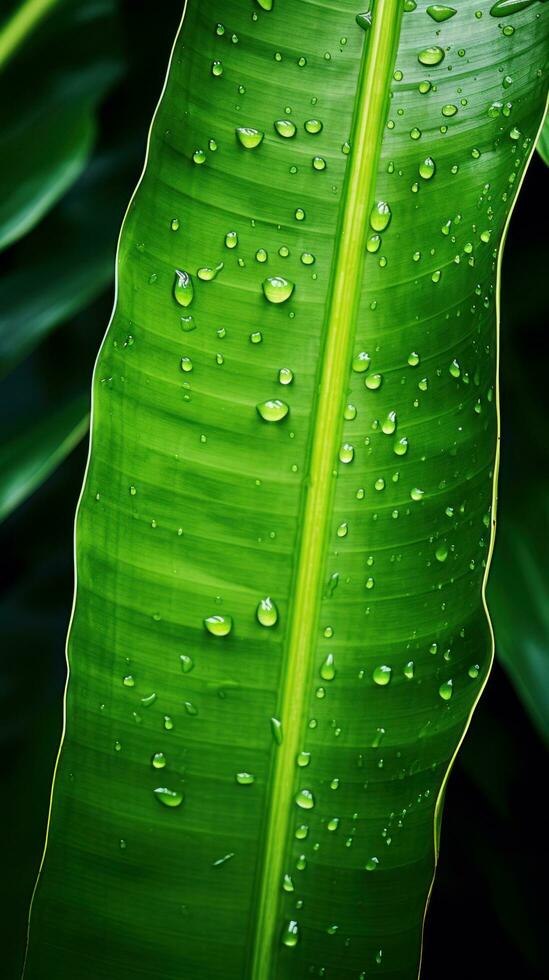 banana folha com orvalho gotas dentro manhã luz foto