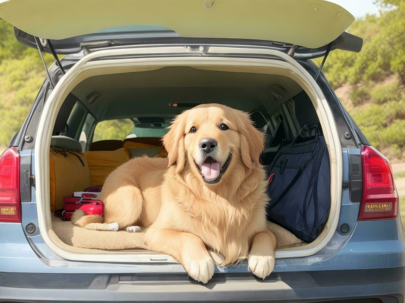 dourado retriever cachorro sentado dentro carro tronco pronto para uma período de férias viagem. ai gerado foto