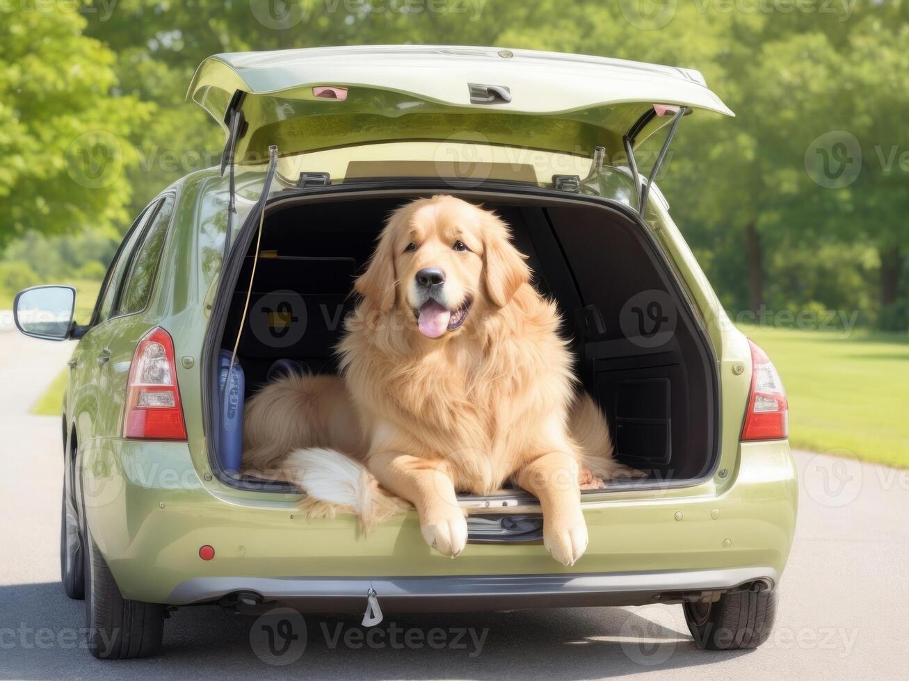 dourado retriever cachorro sentado dentro carro tronco pronto para uma período de férias viagem. ai gerado foto