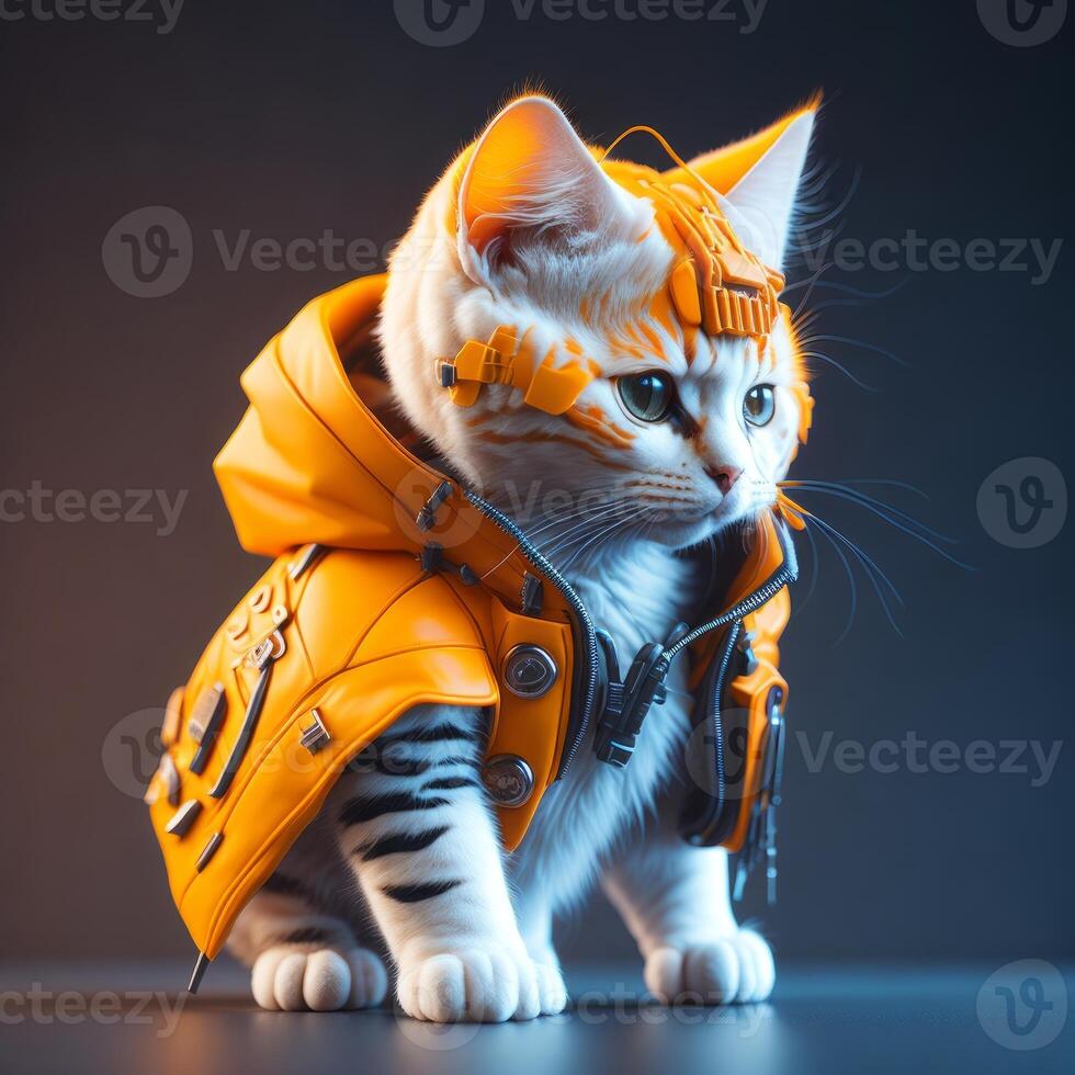 isométrico Visão do uma mini fofa hiper-realista futurista soldado gato vestindo cyberpunk jaqueta. ai gerado foto