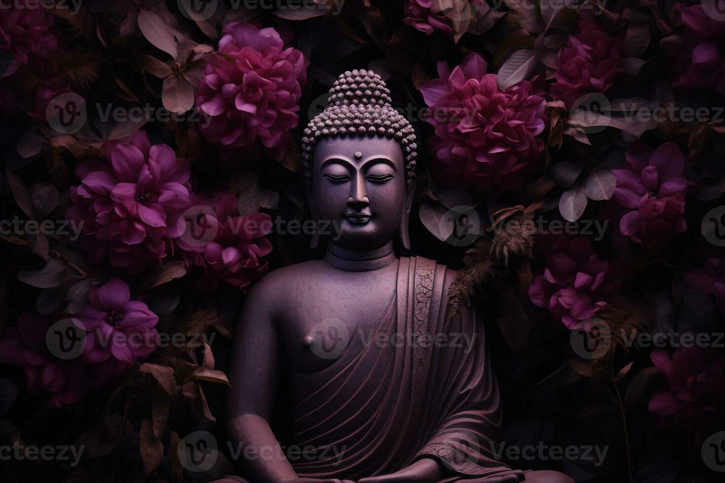 Buda estátua com roxa flores dentro a fundo ai gerado foto