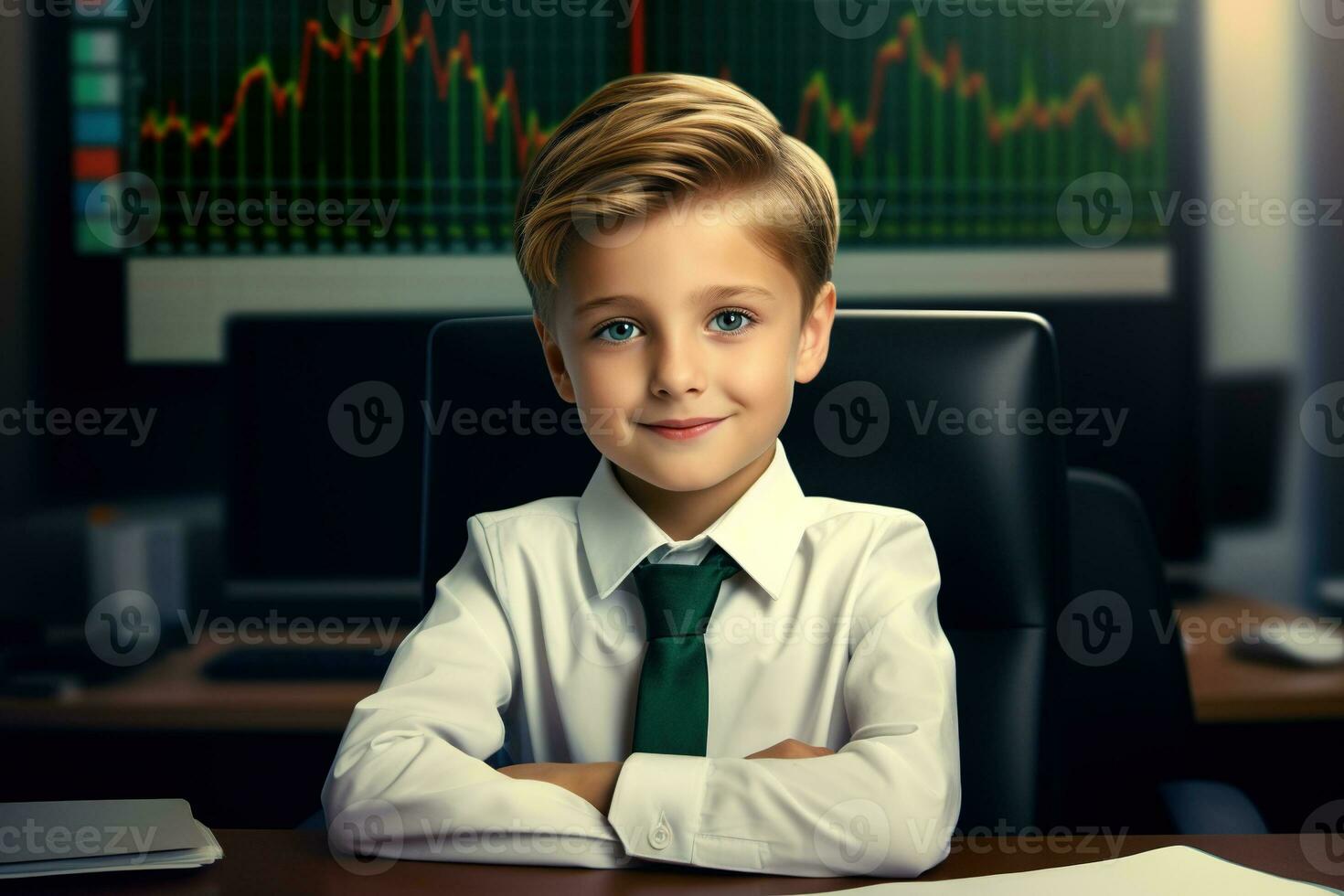 retrato do uma fofa pequeno Garoto dentro uma o negócio terno sentado às a mesa dentro frente do uma monitor com uma estoque mercado gráfico ai gerado foto