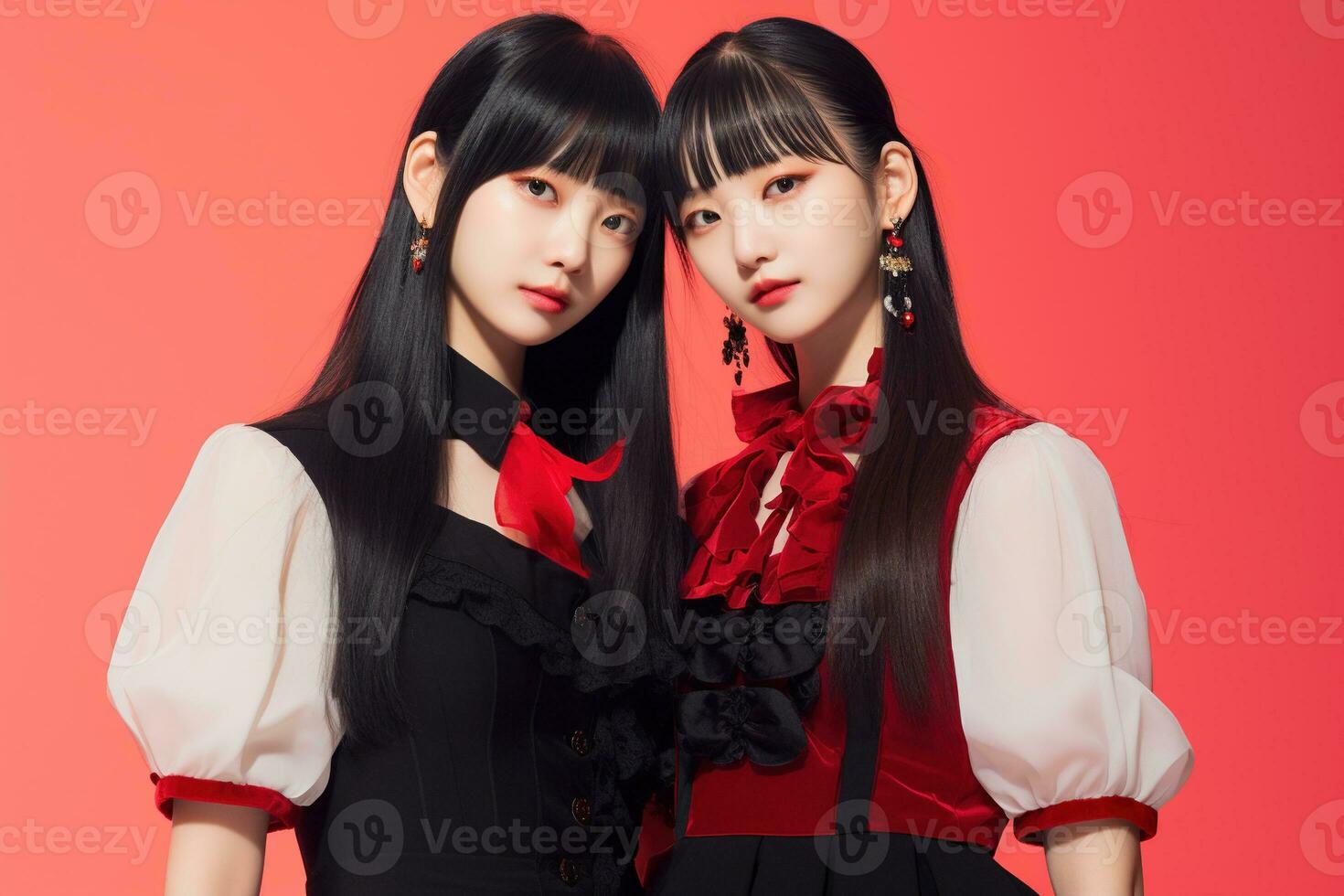 retrato do dois lindo ásia mulheres dentro Preto vestir em vermelho fundo ai gerado foto