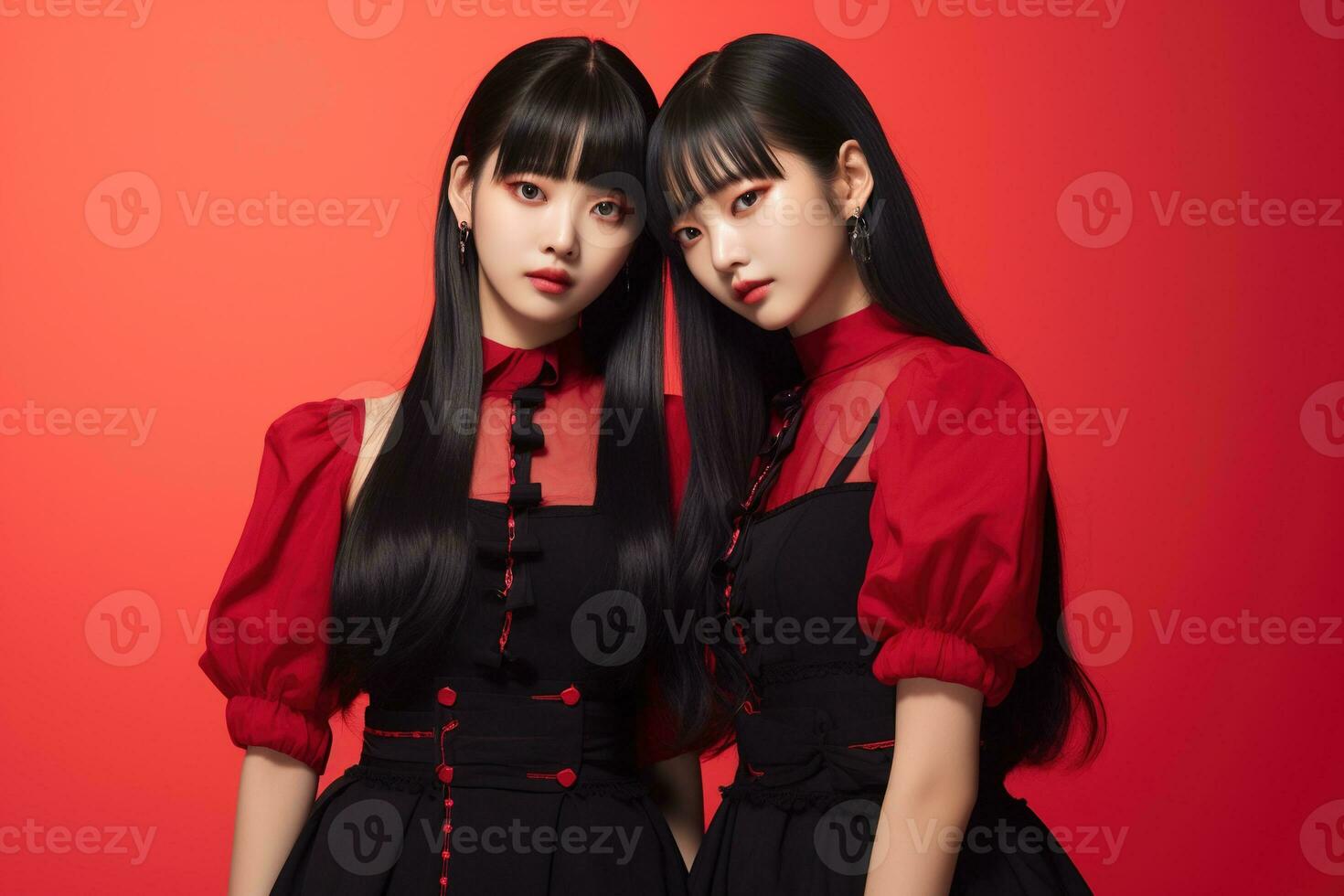 retrato do dois lindo ásia mulheres dentro Preto vestir em vermelho fundo ai gerado foto