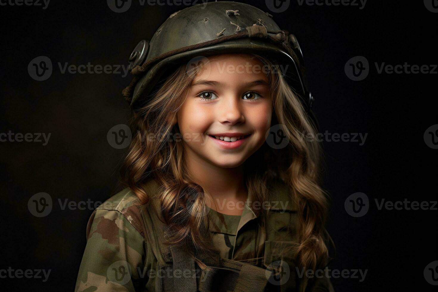 retrato do uma pequeno menina dentro uma militares uniforme. estúdio tomada. ai gerado foto