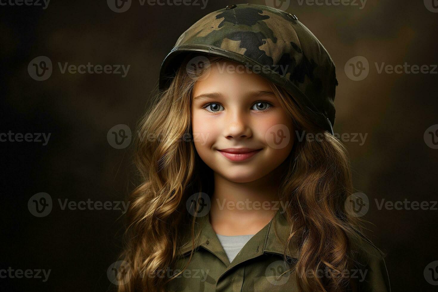 retrato do uma pequeno menina dentro uma militares uniforme. estúdio tomada. ai gerado foto