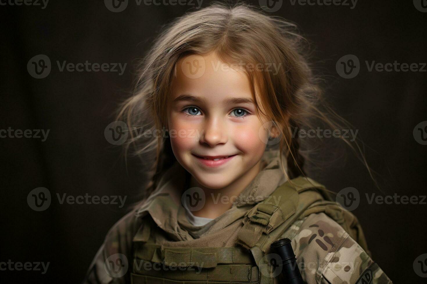 retrato do uma pequeno menina dentro uma militares uniforme. estúdio tomada. ai gerado foto