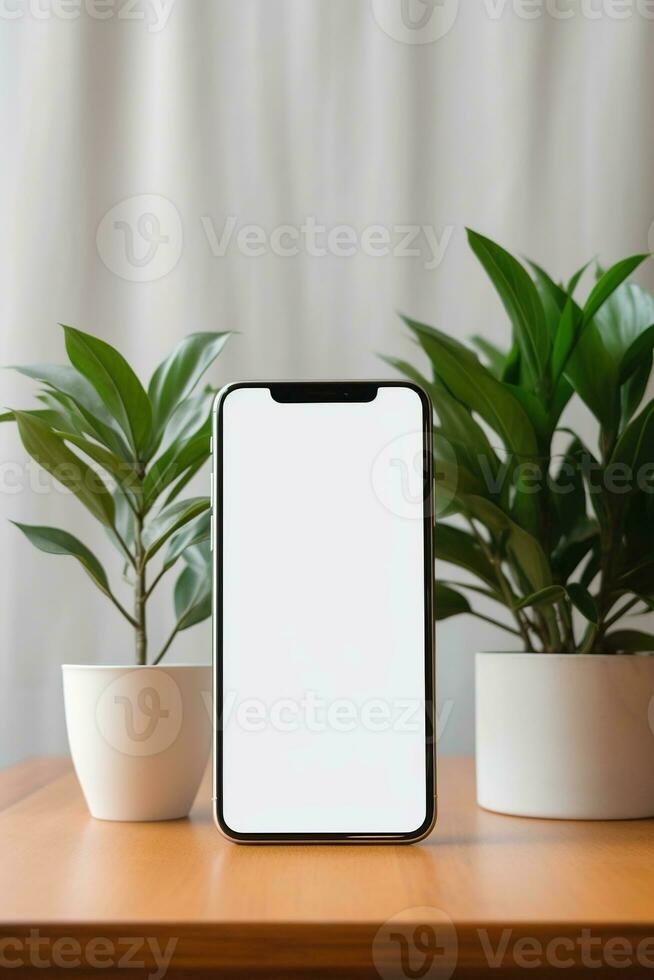 brincar Smartphone com em branco tela em mesa com verde plantar ai gerado foto