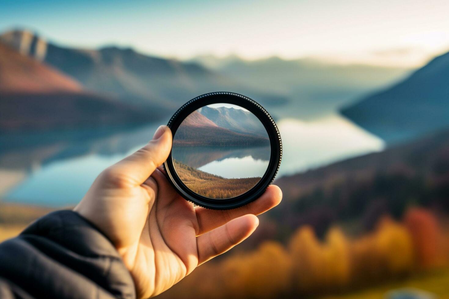 Câmera lente dentro mão em a fundo do a montanhas. viagem conceito ai gerado foto