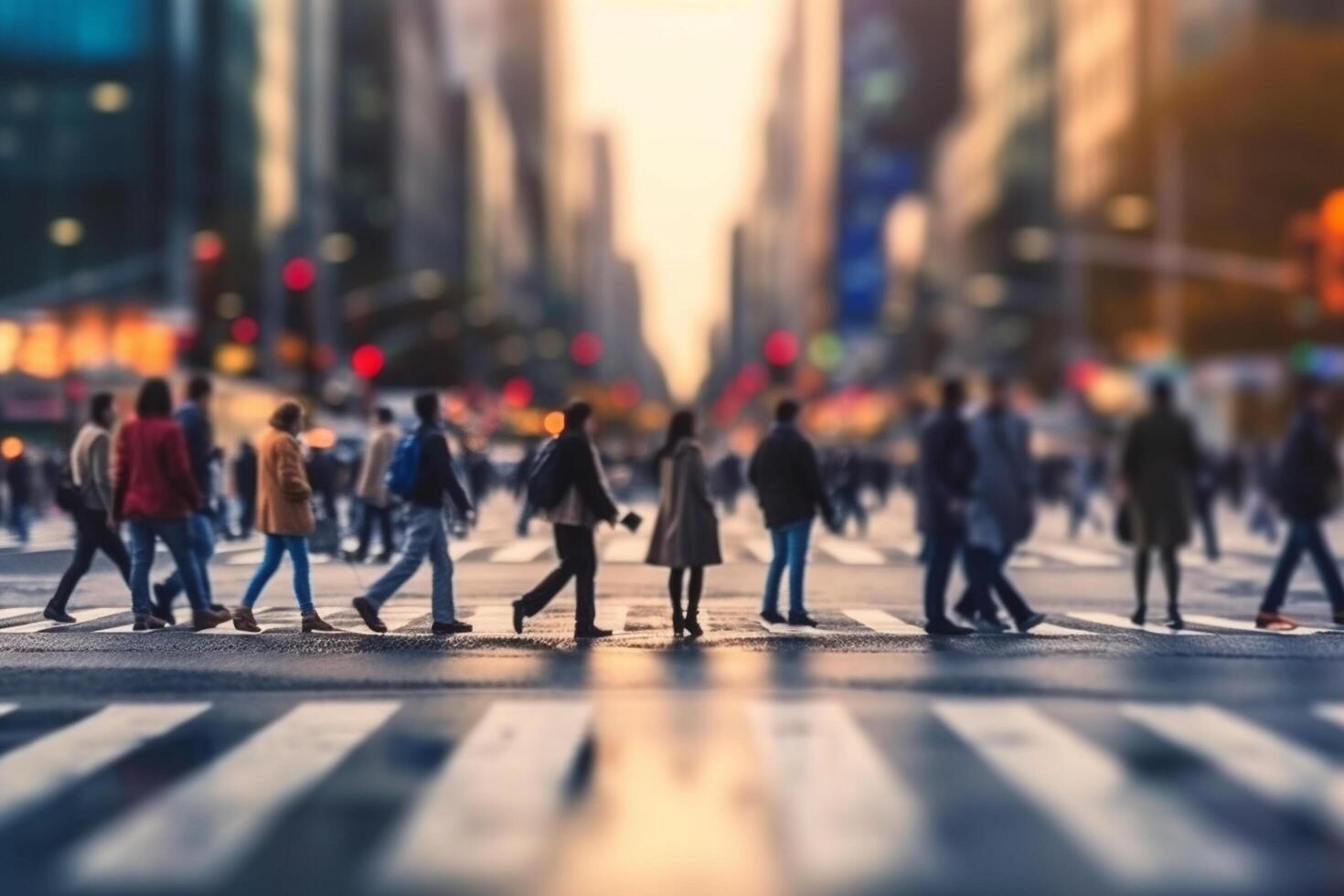 silhueta do o negócio pessoas caminhando em a estrada dentro a cidade borrado ai gerado foto