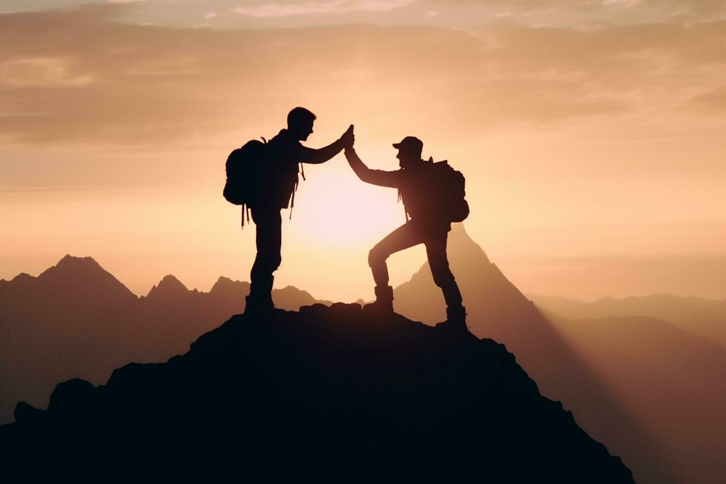 silhueta do dois homens com mochilas em a topo do a montanha. ai gerado foto