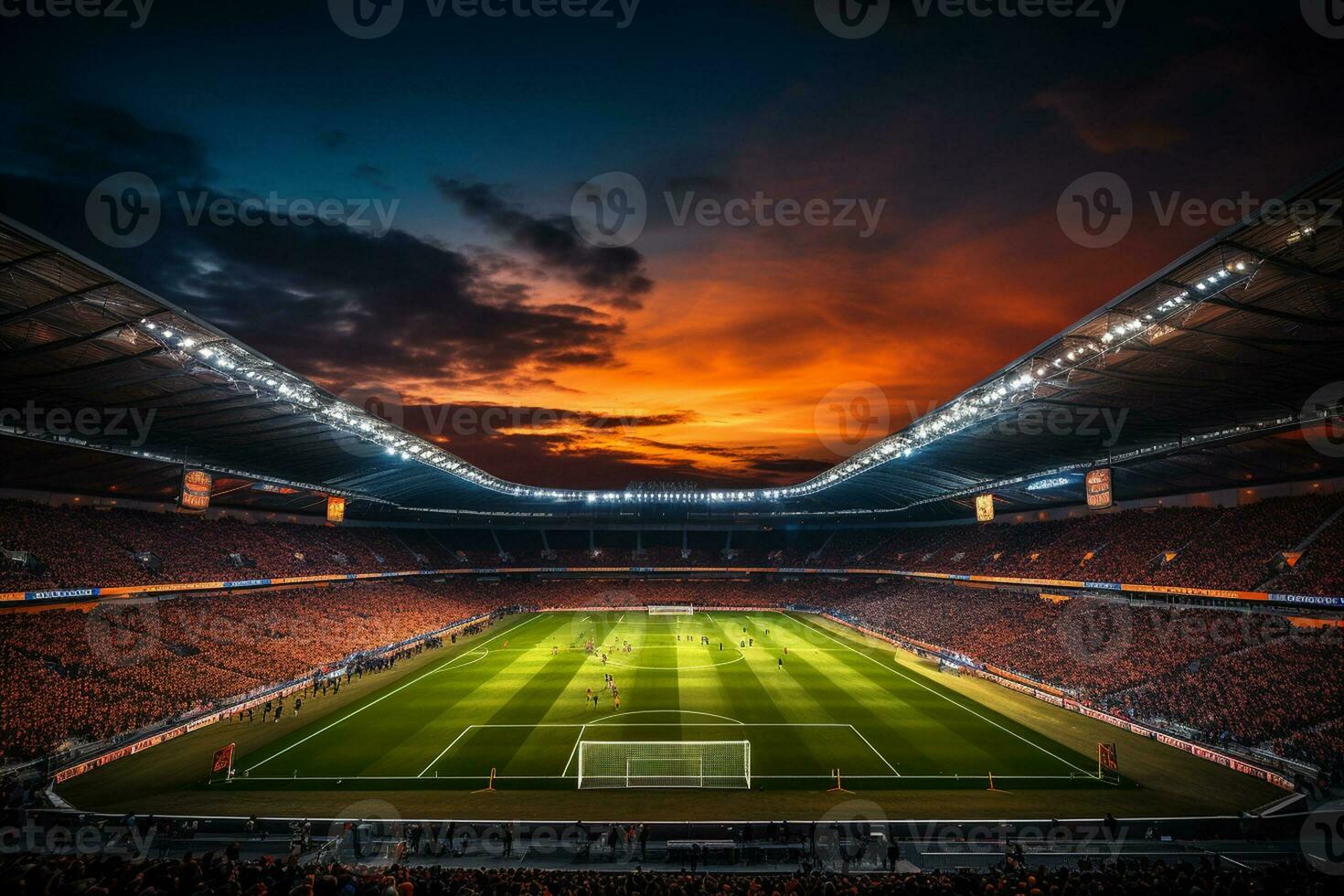 tarde Visão do uma moderno e lindo futebol estádio com luzes de inundação ai gerado foto