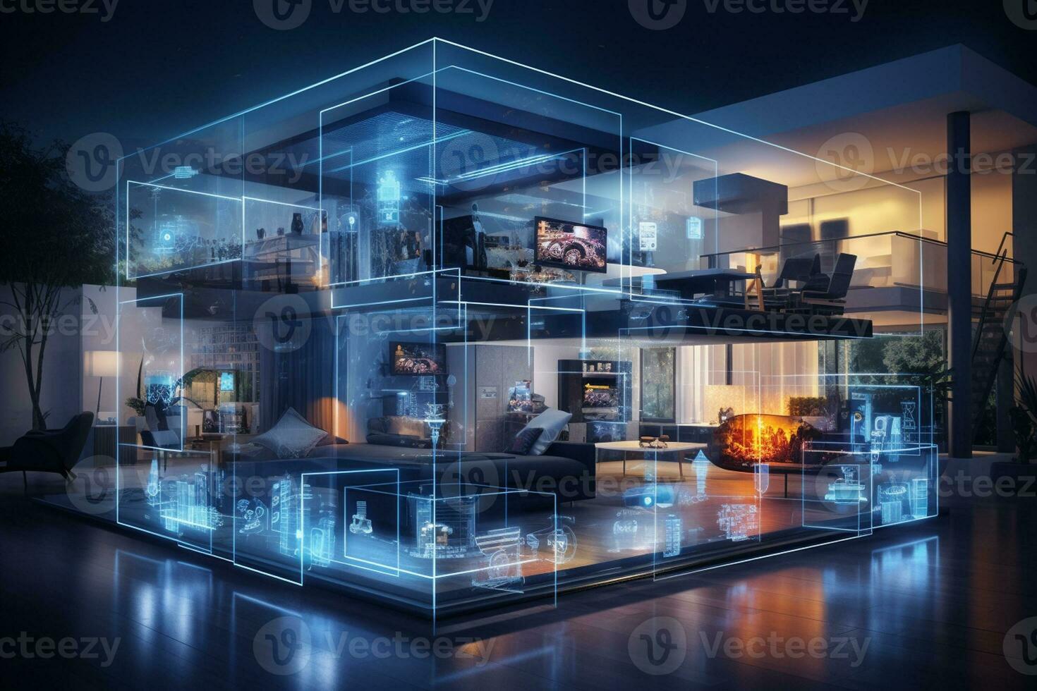 3d Renderização interior do moderno brilhante interiores vivo quarto brilhando digital ícone ai gerado foto