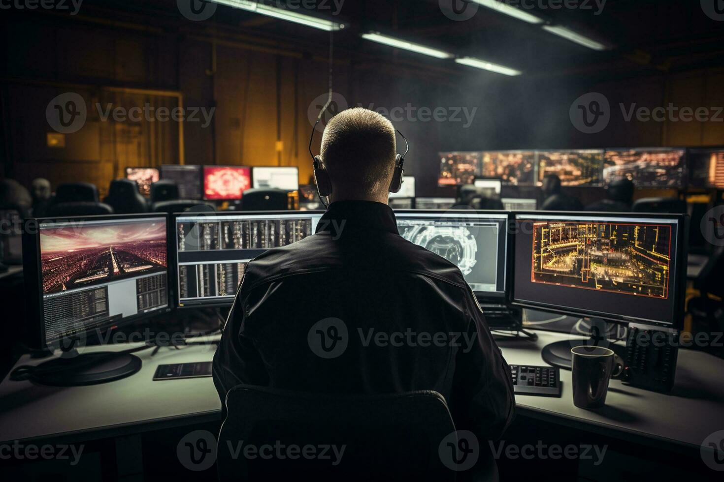 traseiro Visão do masculino segurança guarda vestindo fones de ouvido e olhando às monitores dentro escritório ai gerado foto