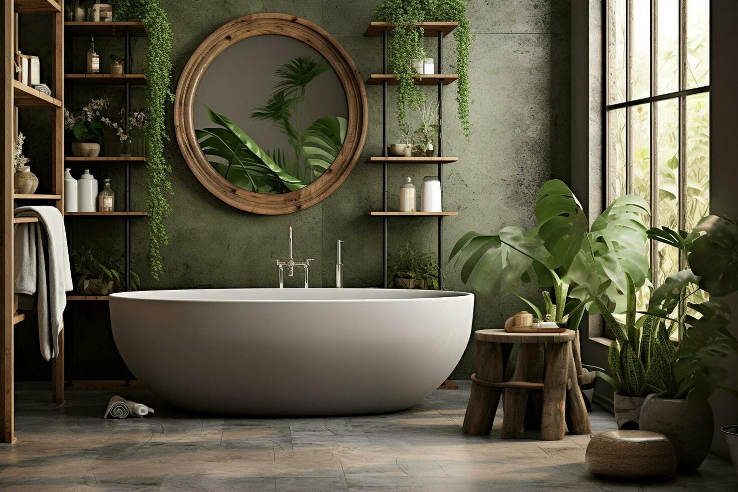 banheiro interior com verde paredes, concreto chão, confortável banheira e prateleiras com plantas. 3d Renderização ai gerado foto