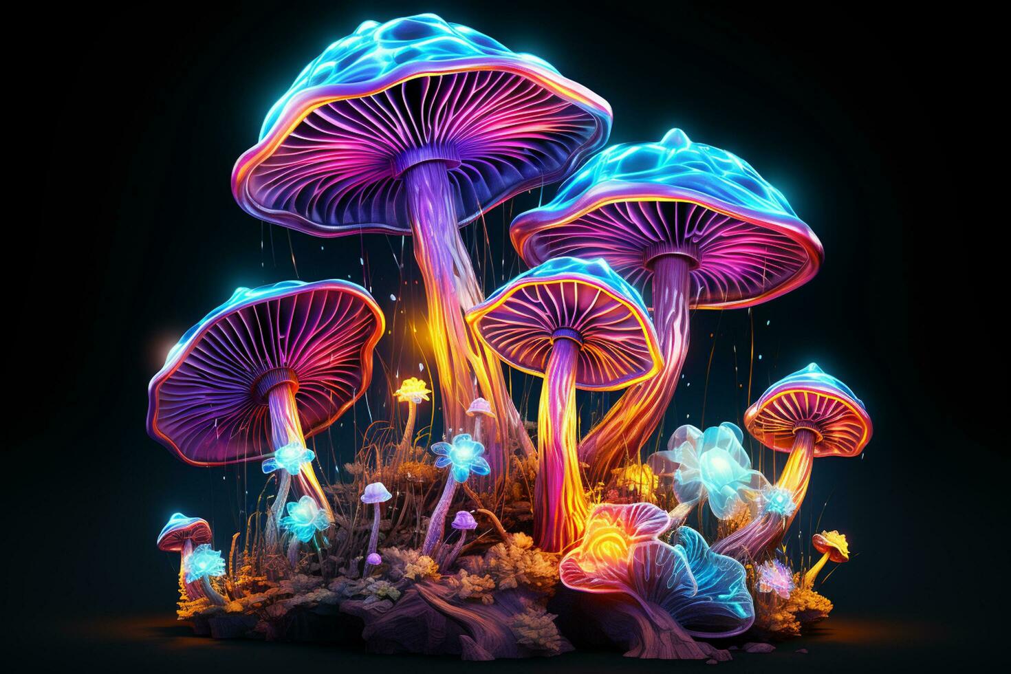 Magia cogumelos dentro a floresta às noite. 3d render ilustração. ai gerado foto