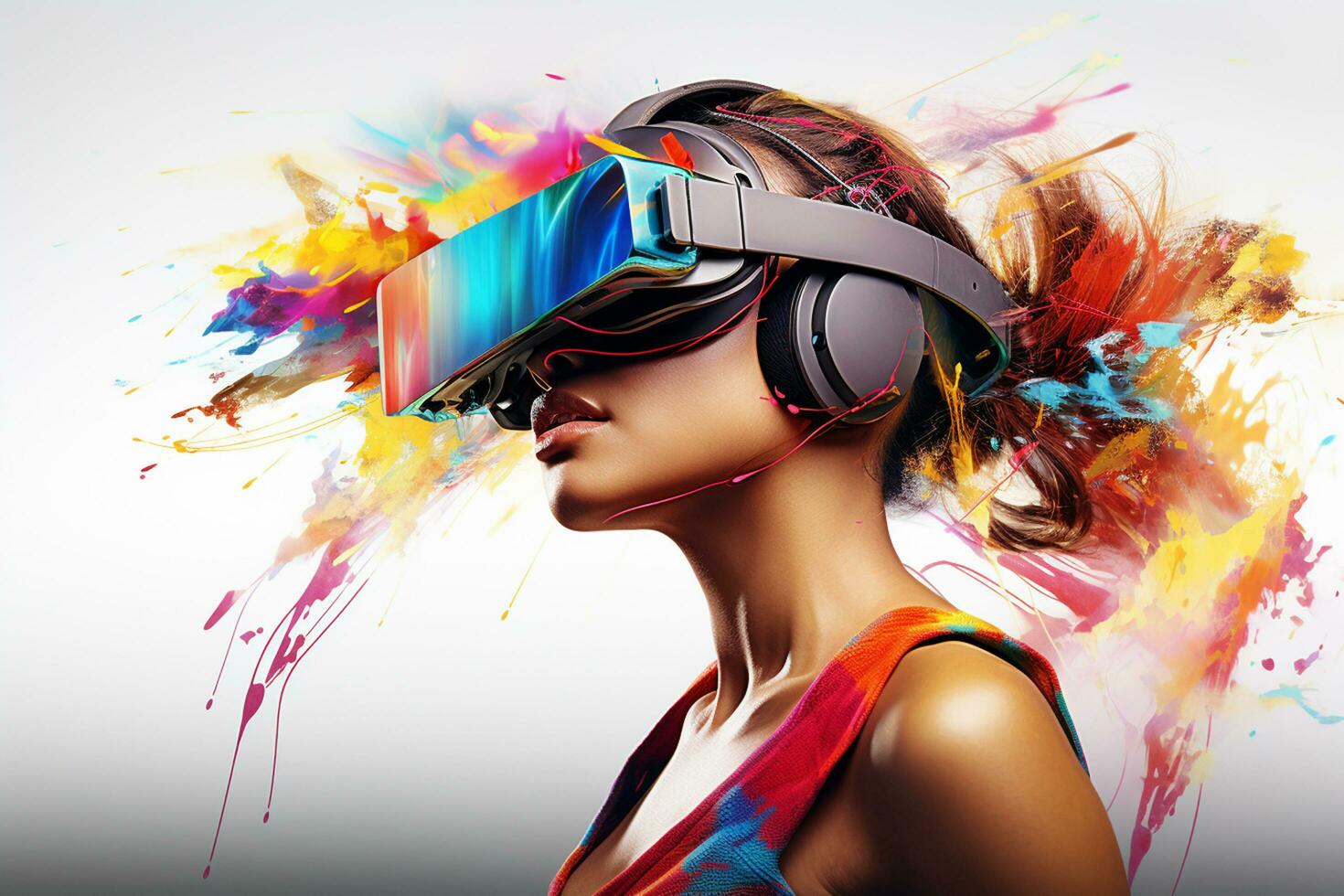 jovem mulher dentro virtual realidade fone de ouvido. futuro tecnologia conceito. 3d Renderização ai gerado foto