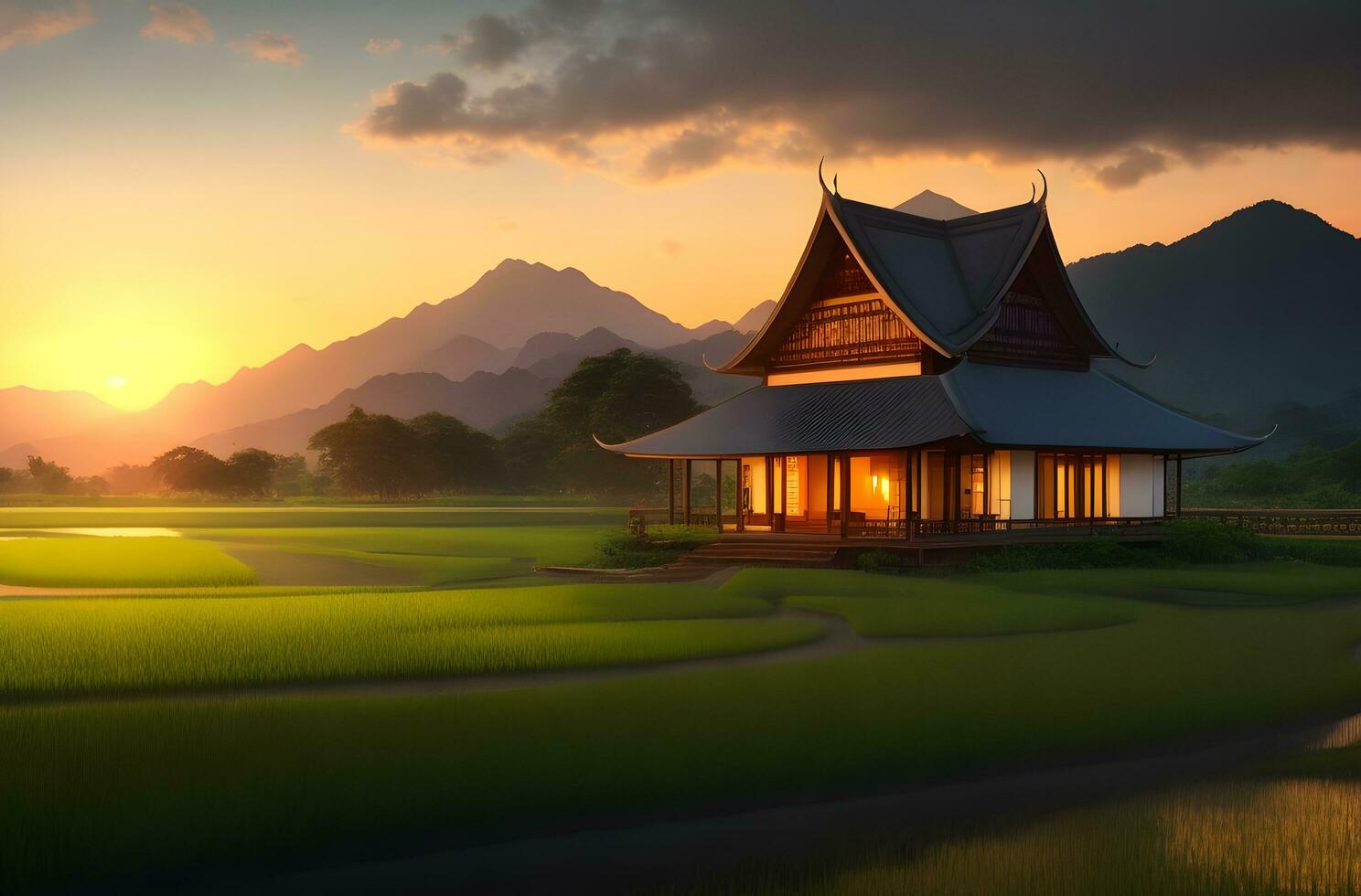 tailandês país casas. natural lar. dentro a meio do a verde arroz Campos e e pôr do sol. ai gerado foto