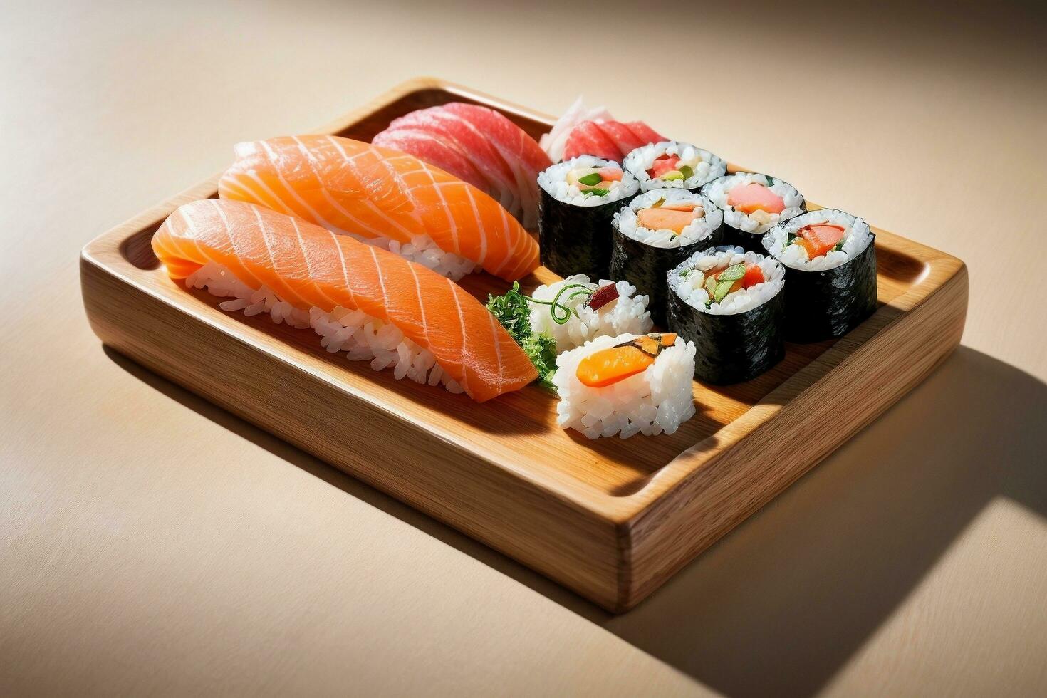 de dar água na boca frutos do mar deleite com Sushi, sashimi e wasabi de generativo ai foto