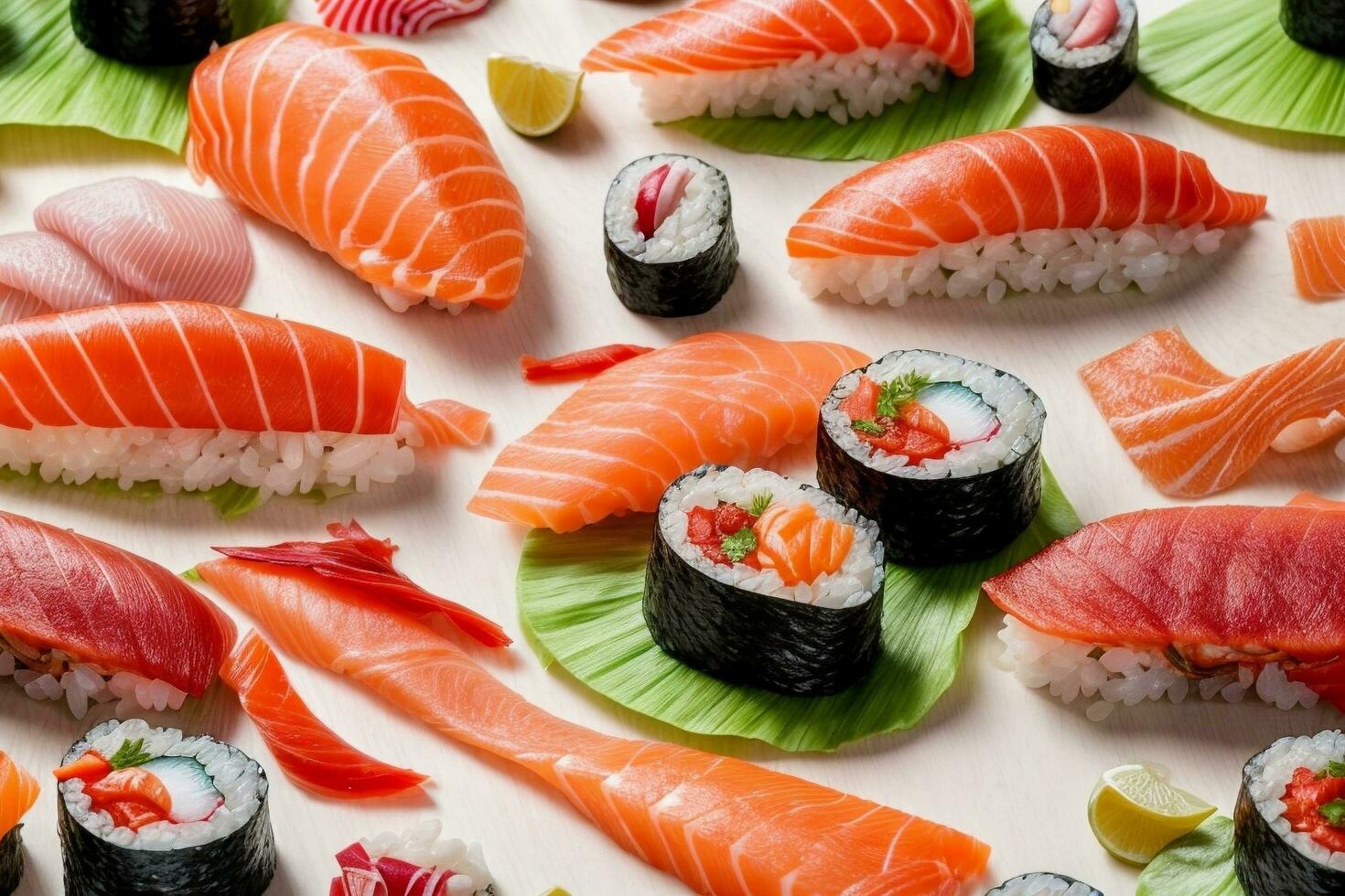 tentador fresco frutos do mar deleite com Sushi, sashimi e wasabi de generativo ai foto