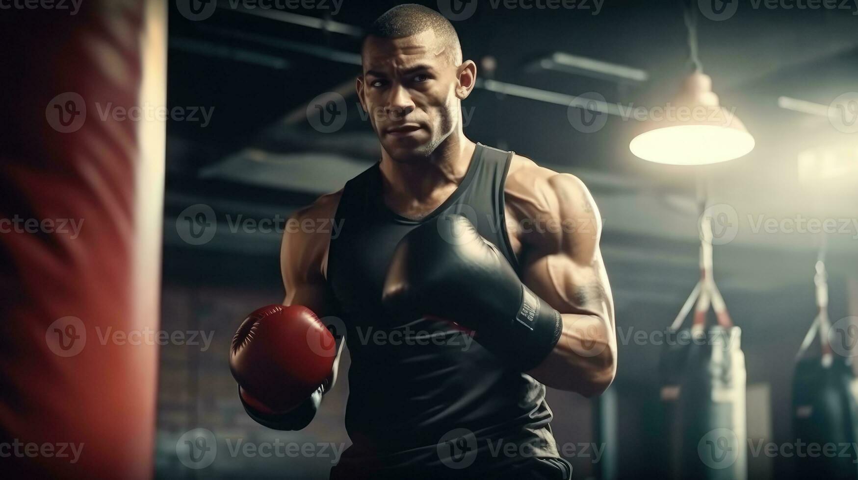 uma masculino boxer Treinamento com uma soco saco generativo ai foto